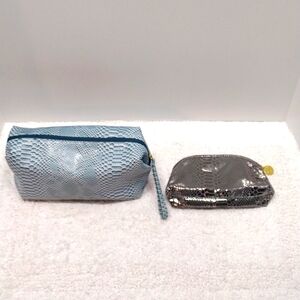 Estee Lauder Aqua Mint & Shiny Siver/Gray Cosmetic Makeup Bag Bundle 2